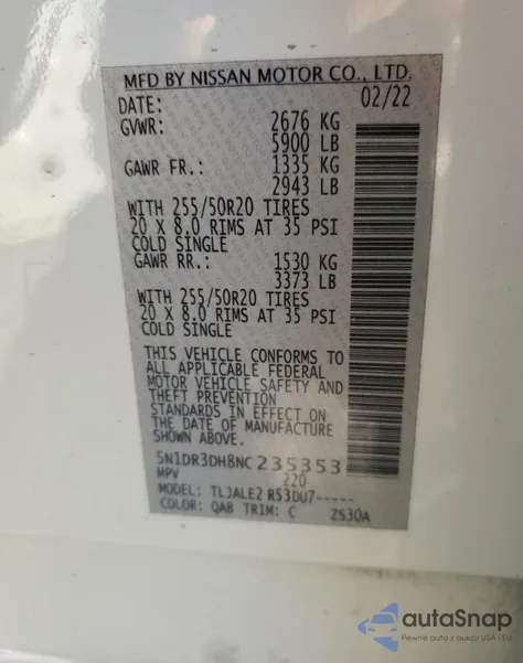 2022 Nissan Pathfinder Platinum z USA, uszkodzony, nr VIN 5N1DR3DH8NC235353